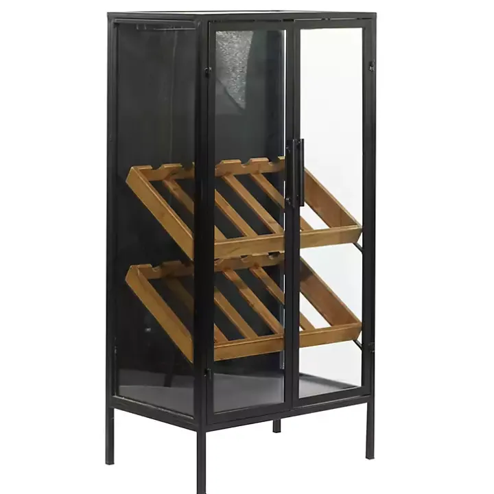 Black Metal and Brown Wood Standing Wine Rack