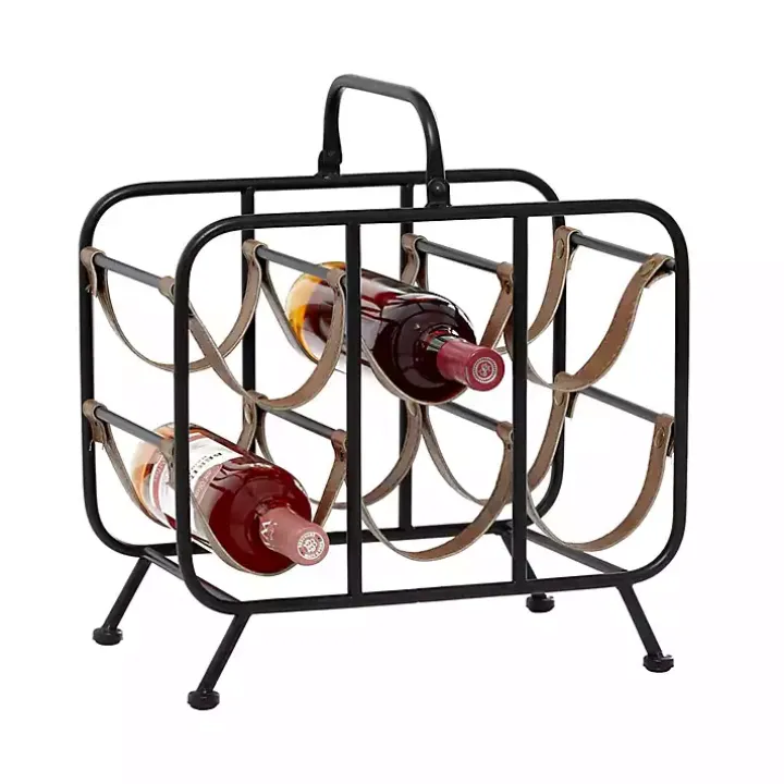 Black Metal and Faux Leather Wine Rack