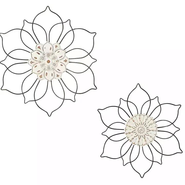 Black Metal and Wood Floral Wall Plaques, Set of 2