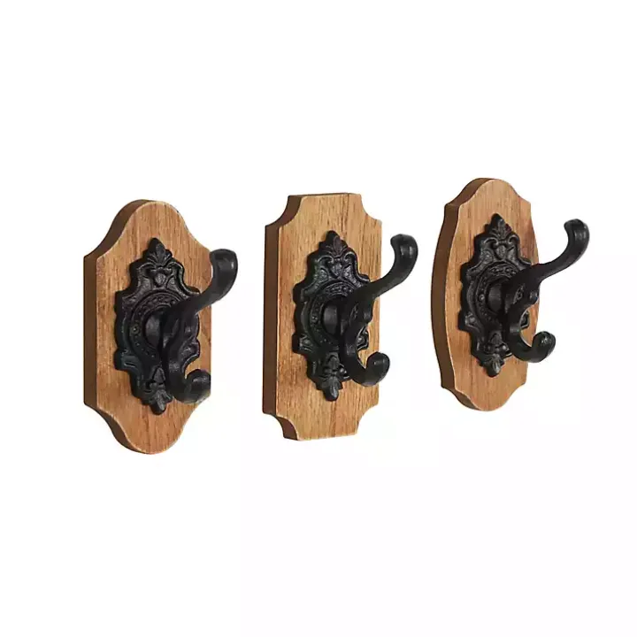 Black Metal and Wood Wall Hooks, Set of 3