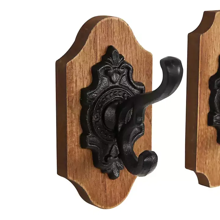 Black Metal and Wood Wall Hooks, Set of 3