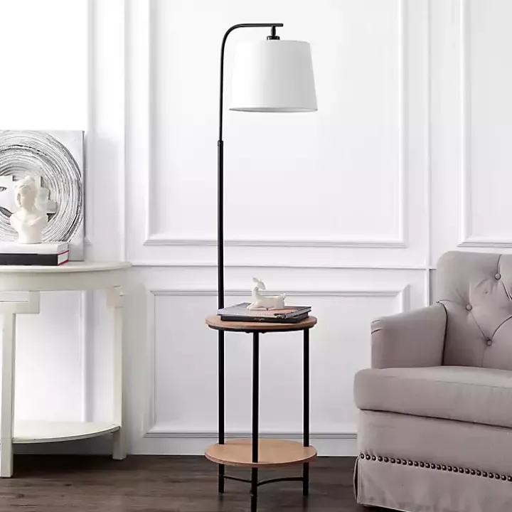 Black Metal Floor Lamp with Wood Shelves