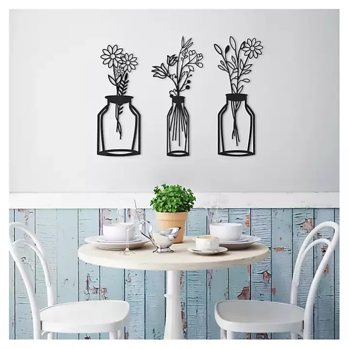 Black Metal Floral Vase Wall Plaques, Set of 3