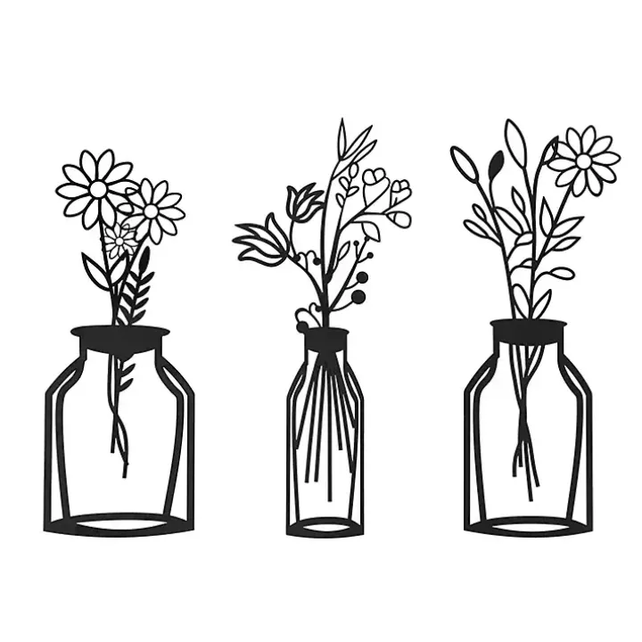 Black Metal Floral Vase Wall Plaques, Set of 3