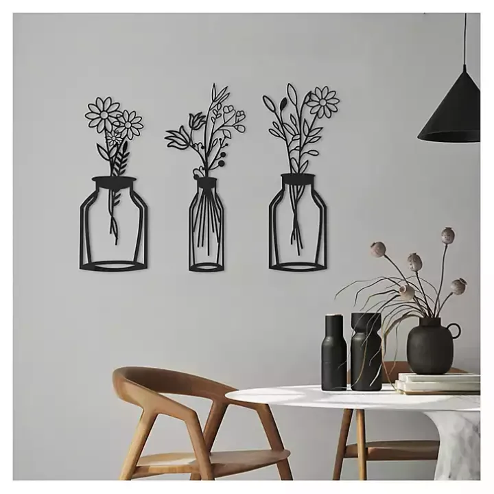 Black Metal Floral Vase Wall Plaques, Set of 3