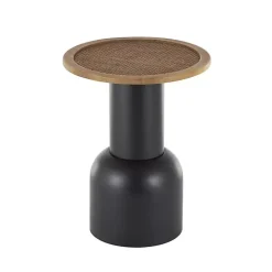 Black Metal Rattan Pedestal Accent Table, 16 in.