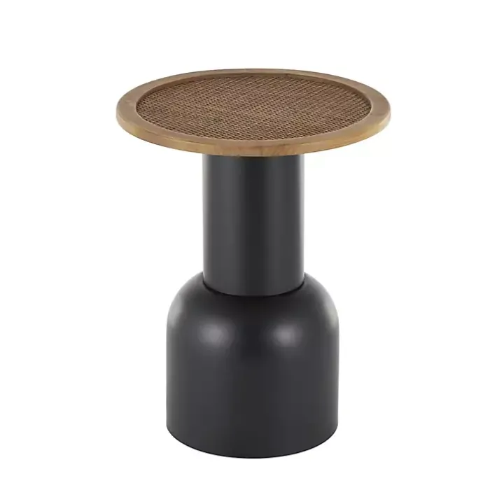 Black Metal Rattan Pedestal Accent Table, 16 in.