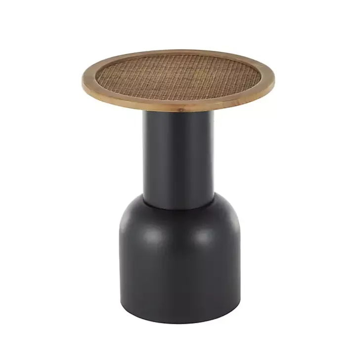 Black Metal Rattan Pedestal Accent Table, 16 in.