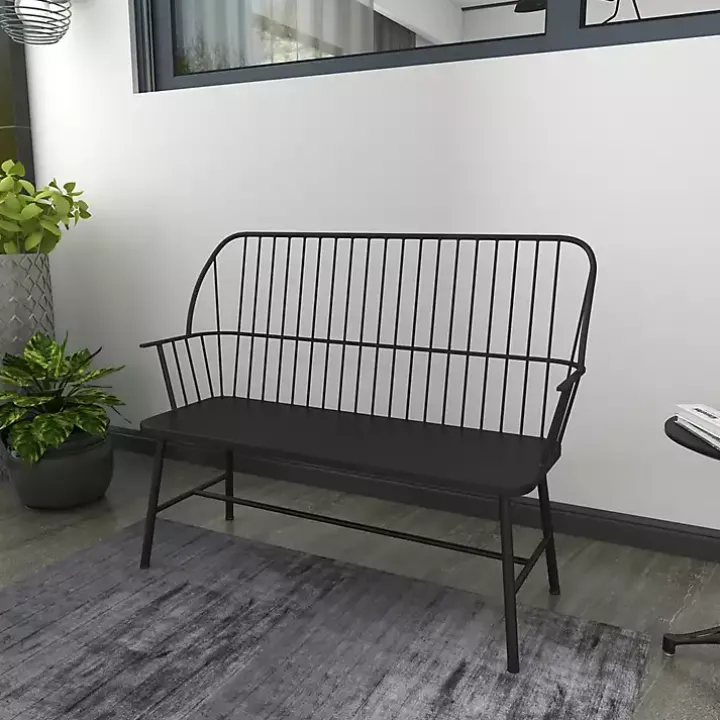Black Metal Slatted Back Outdoor Bench