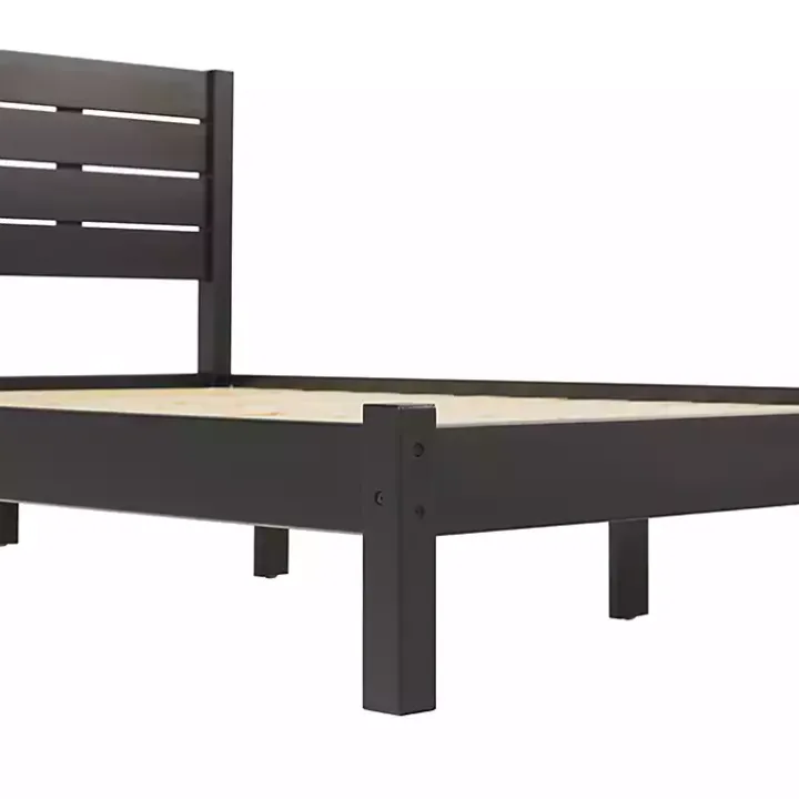 Black Pine Wood Slatted Headboard Queen Bed