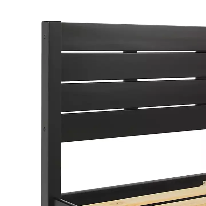 Black Pine Wood Slatted Headboard Queen Bed