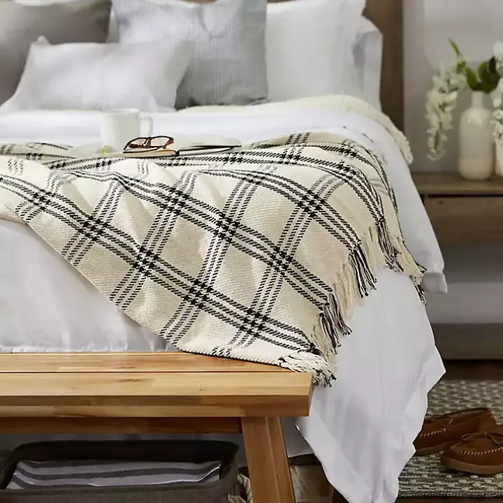 Black Plaid Fringe Throw