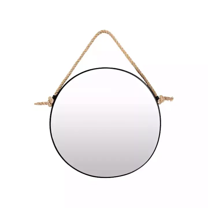 Black Round Framed Mirror with Rope