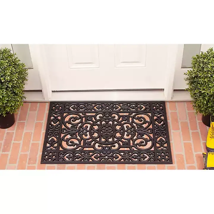 Black Scroll Border Rubber Doormat, 36x24