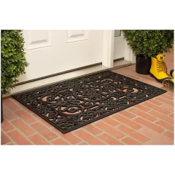Black Scroll Border Rubber Doormat, 36x24