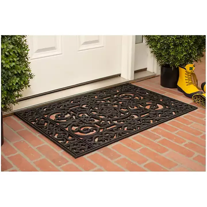 Black Scroll Border Rubber Doormat, 36x24