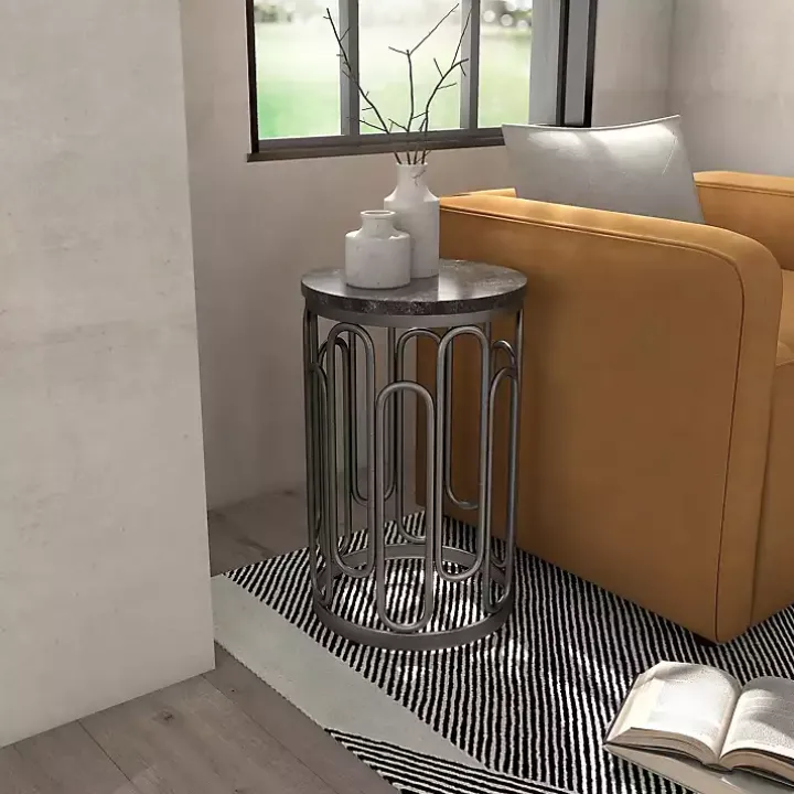 Black Stone and Metal Geometric Accent Table