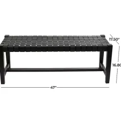 Black Teak Wood and Leather Bench