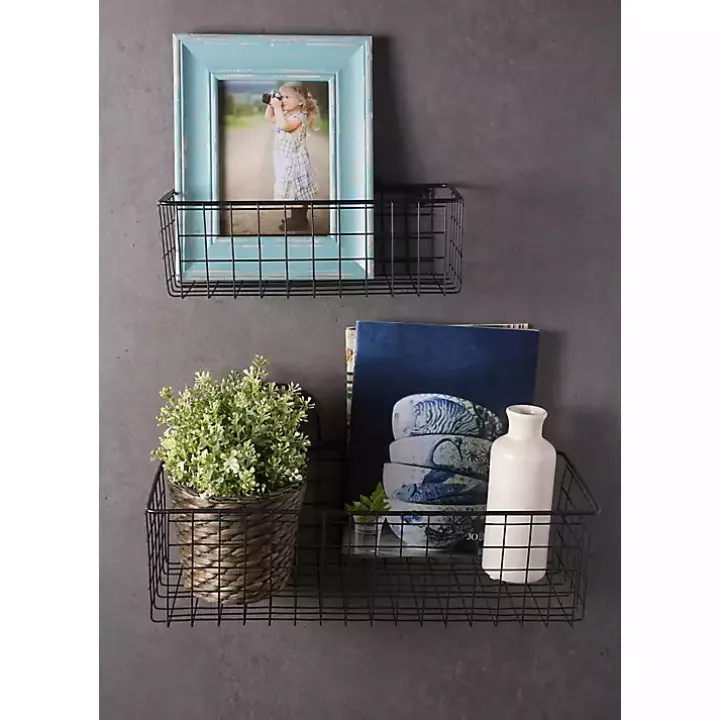 Black Wall Hanging Wire Baskets, Set of 2