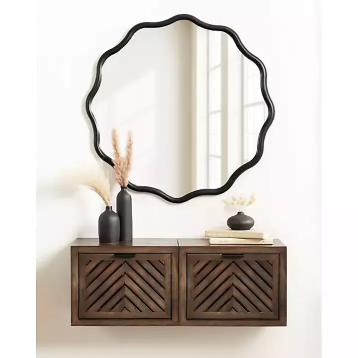 Black Wavy Scallop Round Wall Mirror