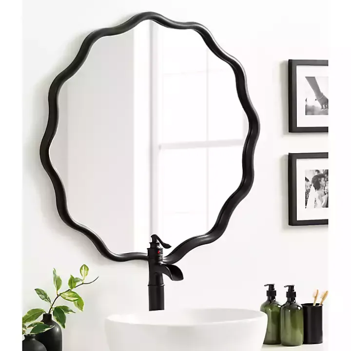 Black Wavy Scallop Round Wall Mirror