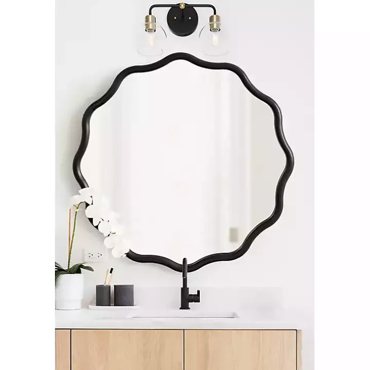 Black Wavy Scallop Round Wall Mirror
