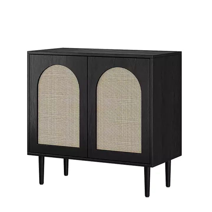 Black Wood and Arched Rattan 2-Door Cabinet