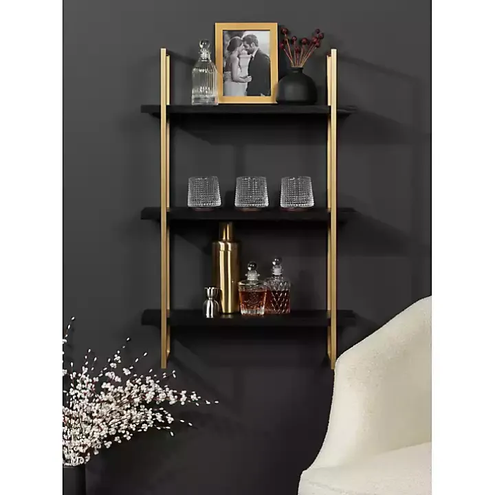 Black Wood and Gold Metal Leigh Wall Shelf