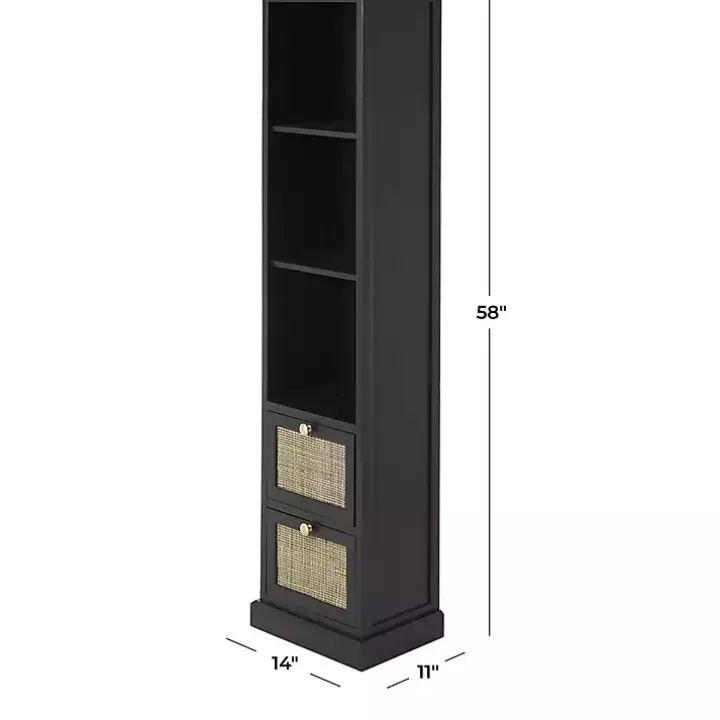 Black Wood and Rattan 3-Tier Bookcase