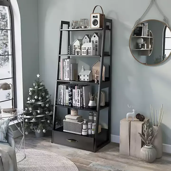 Black Wood 5-Shelf Leaning Bookshelf