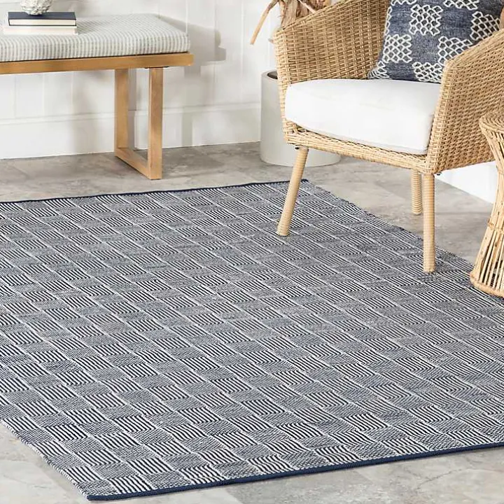 Blue & Ivory Checkered Indoor/Outdoor Runner, 3x8