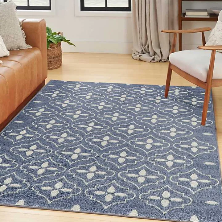 Blue & Ivory Quatrefoil Indoor/Outdoor Rug, 4x6