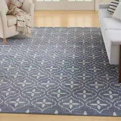 Blue & Ivory Quatrefoil Indoor/Outdoor Rug, 8x10