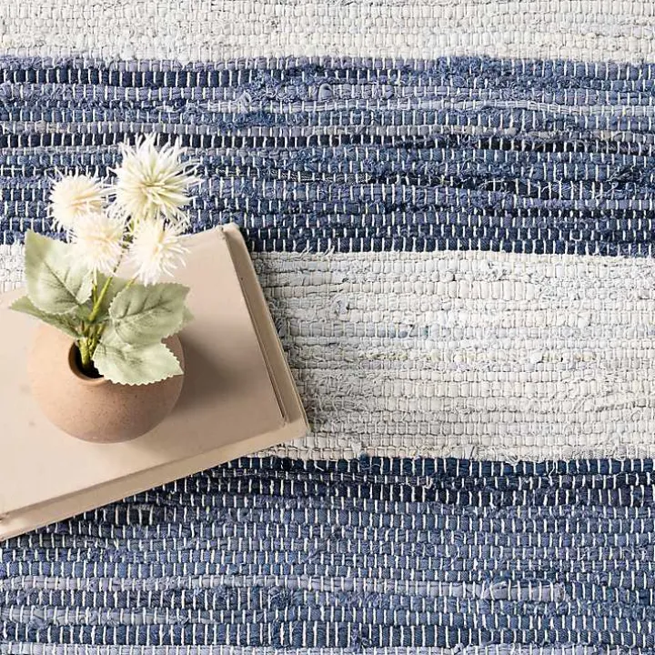 Blue & White Striped Indoor/Outdoor Runner, 3x8