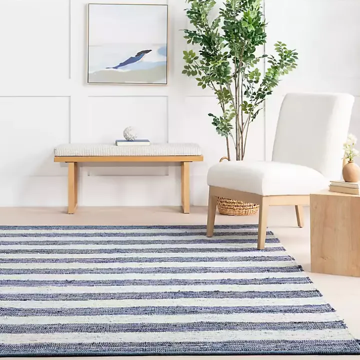 Blue & White Striped Indoor/Outdoor Runner, 3x8