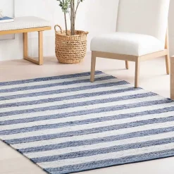 Blue & White Striped Indoor/Outdoor Runner, 3x8
