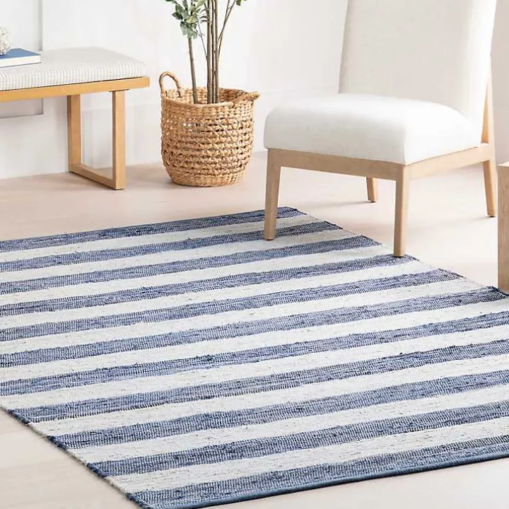 Blue & White Striped Indoor/Outdoor Runner, 3x8