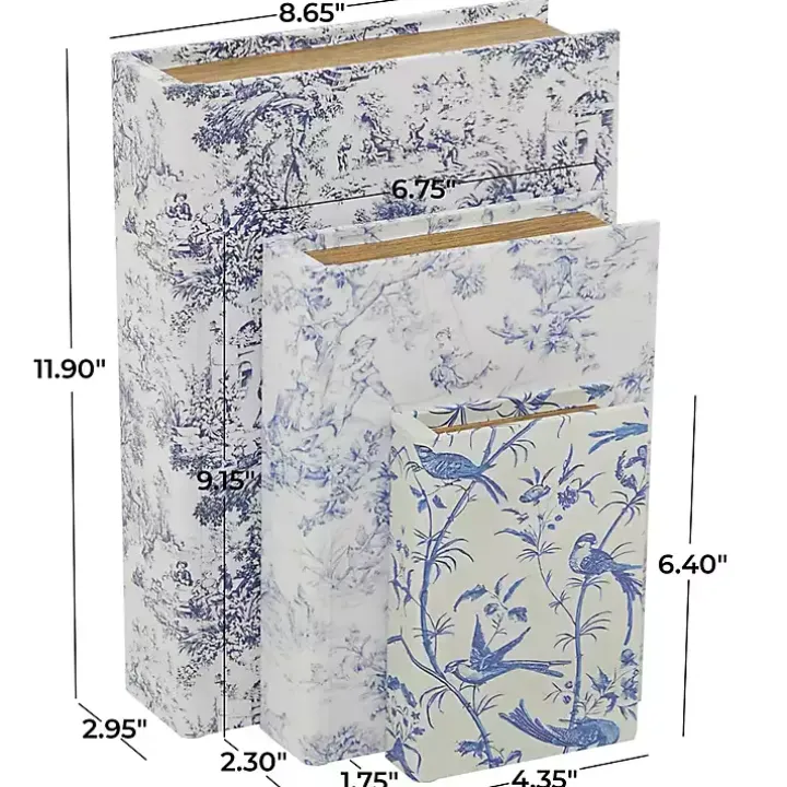 Blue & White Toile Canvas Book Boxes, Set of 3