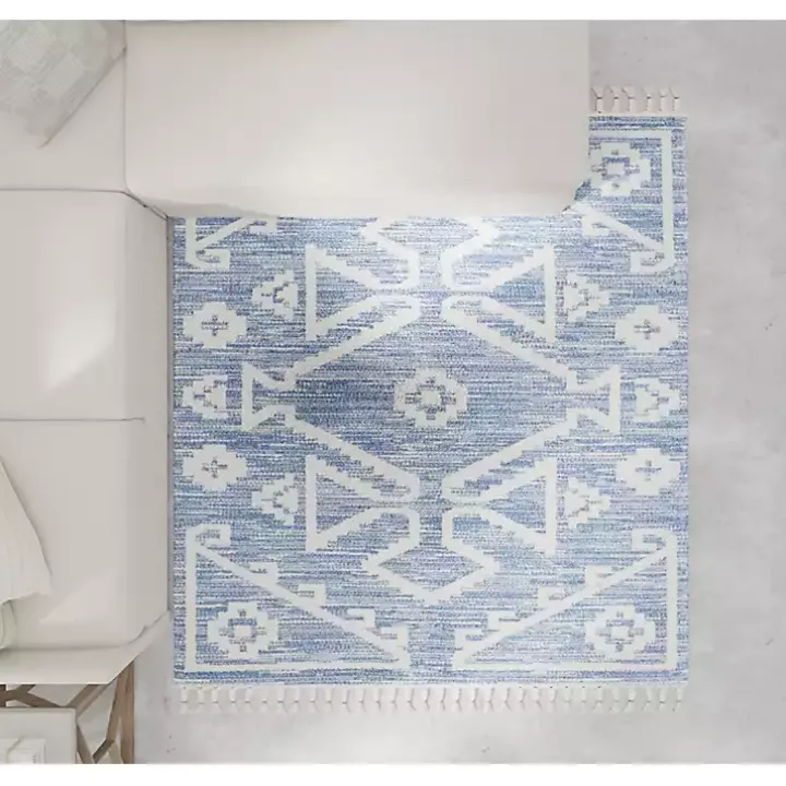 Blue & White Tribal Medallion Shag Area Rug, 8x10