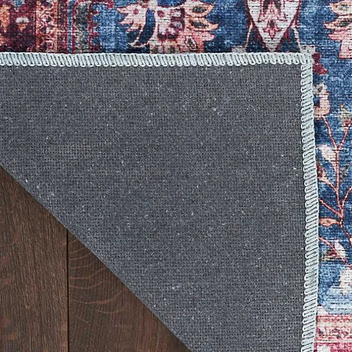Blue and Brick Floral Washable Area Rug, 5x7