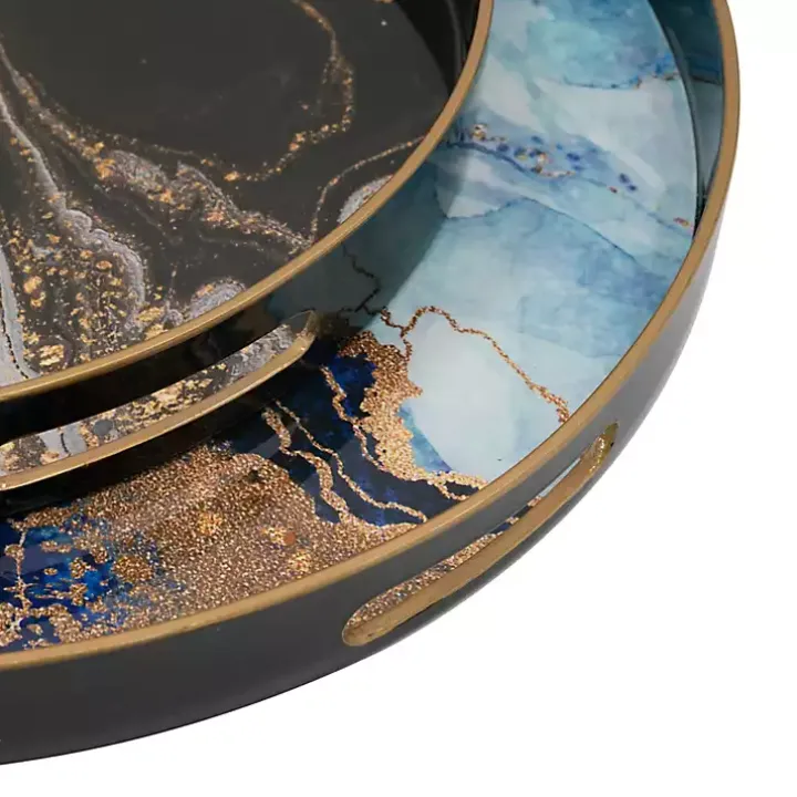 Blue and Gray Round Abstract Trays, Set of 2