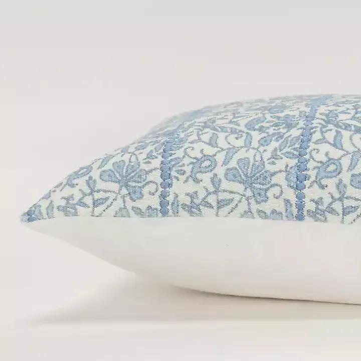 Blue and Ivory Floral Print Lumbar Pillow
