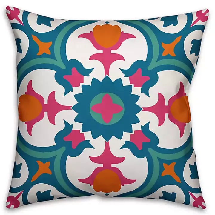 Blue and Pink Floral Tile Outdoor Pillow