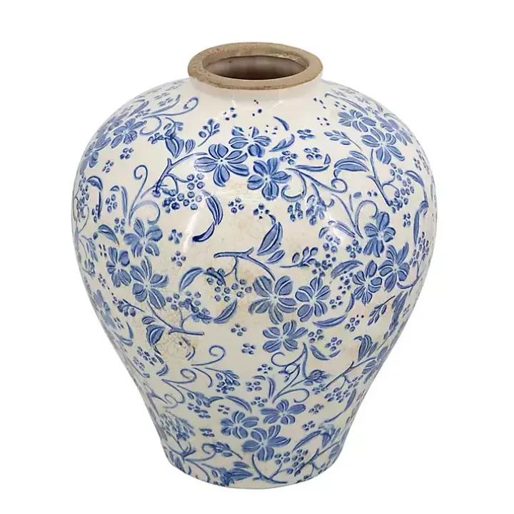 Blue and White Floral Urn Ceramic Vase, 11 in.