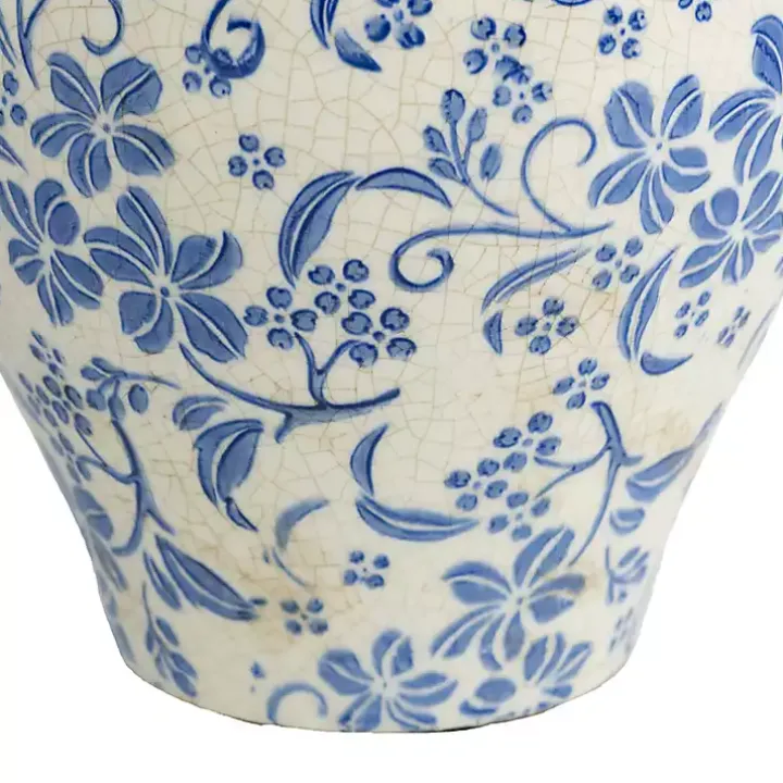 Blue and White Floral Urn Ceramic Vase, 11 in.