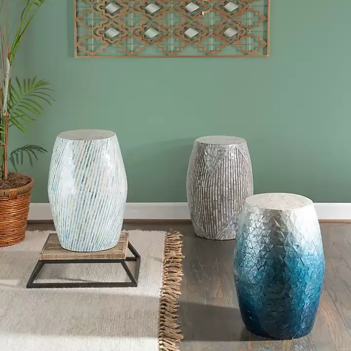 Blue and White Mosaic Capiz Shell Drum End Table