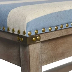 Blue and White Striped Upholstered Wood Bench