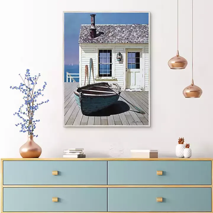 Blue Boat on Deck Framed Canvas Art Print