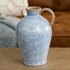 Blue Ceramic Textured Lines Vase, 12 in.