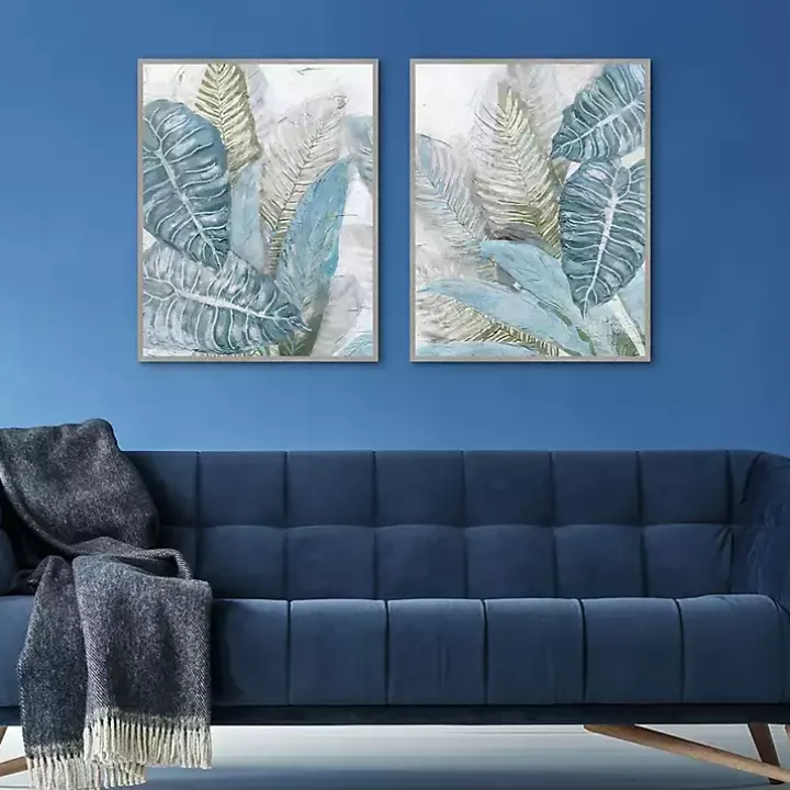 Blue Coastal Leaves I & II Canvas Prints, Set of 2